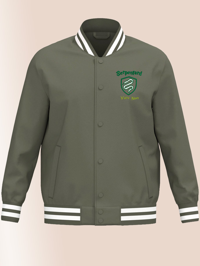 Veste teddy serpentard vert kaki avec écusson vert blanc brodé et prénom personnalisé.